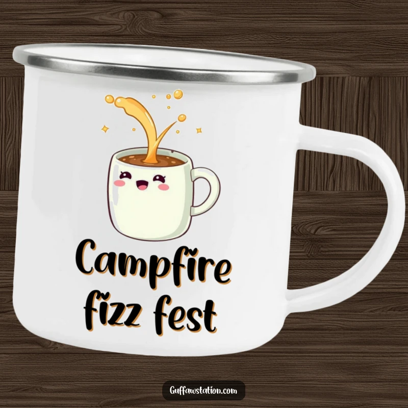 Funny camping mug with a giggling coffee mug spilling an endless stream of sparkling liquid, ideal for cheerful outdoor drinks.