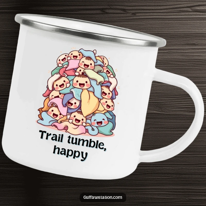 Funny laundry camping mug with a tumbling pile of happy-faced clothes, built for adventure and adding cheerful humor to outdoor drinks.