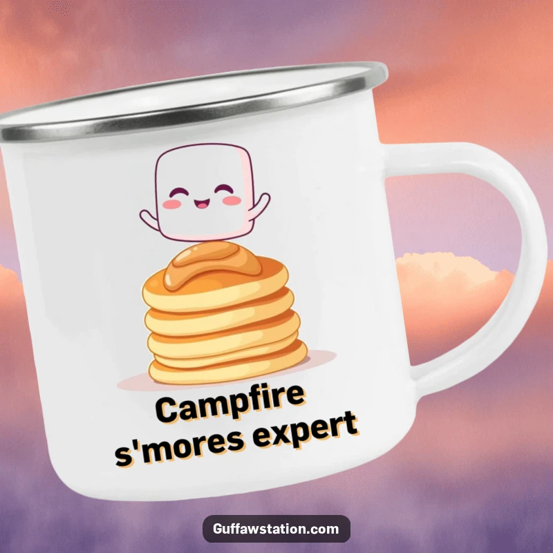 Funny camping mug with a giggling marshmallow character balancing on pancakes, ideal for outdoor enjoyment.