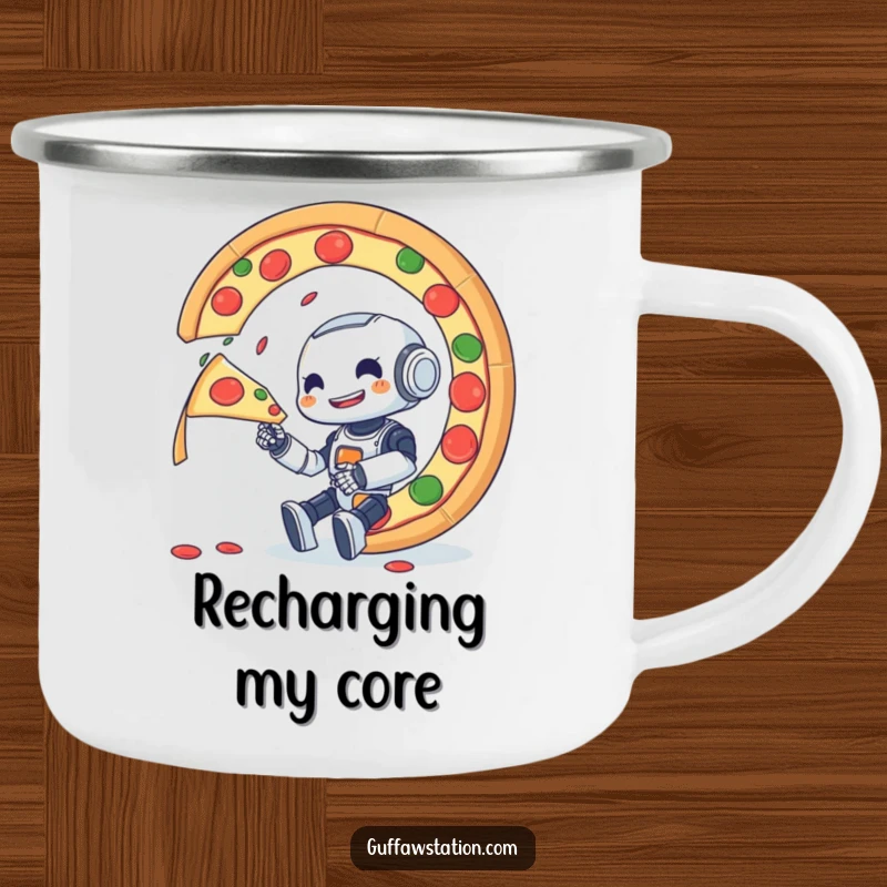 Funny camping mug showing a small robot gleefully eating a massive, spinning pizza under the stars.