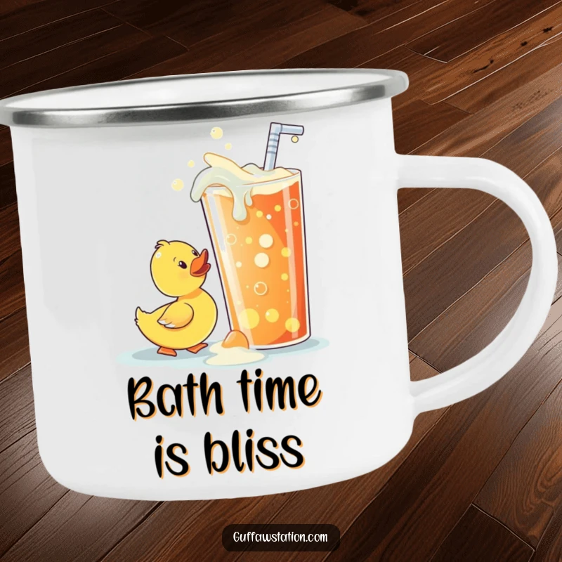 Funny rubber ducky camping mug, comically attempting to drink from a giant overflowing soda, ready for outdoor fun and laughs.