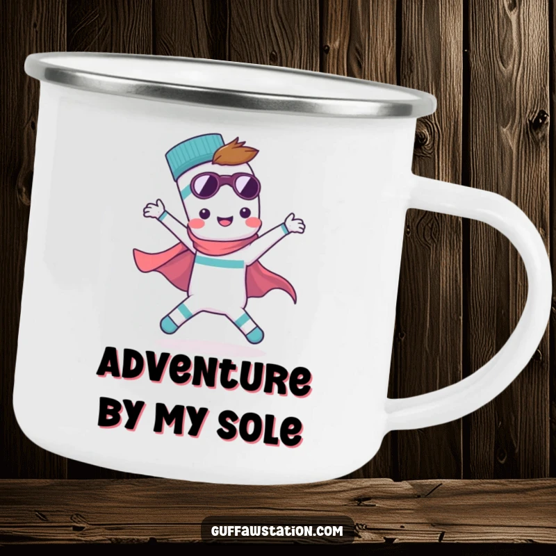 Funny camping mug featuring a single, adventurous sock in a superhero pose, ready for the wilderness. Durable and humorous outdoor gear.