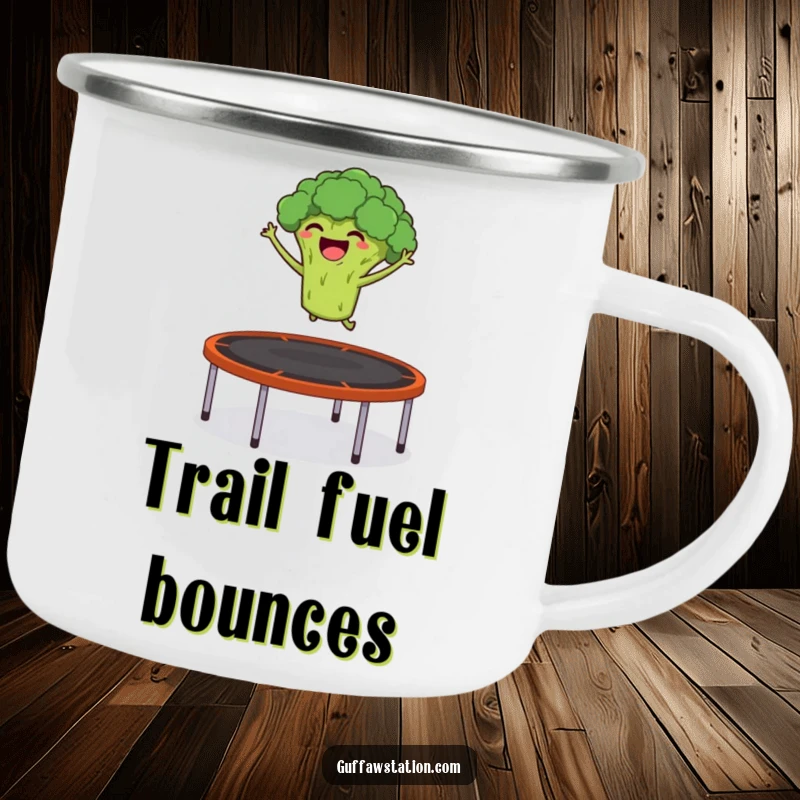 Funny camping mug with a giggling broccoli launching itself from a trampoline into the air, for energetic outdoor fun.
