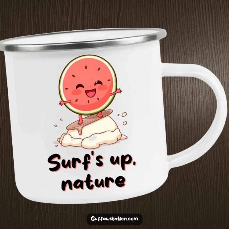 Funny camping mug featuring a giggling watermelon slice character surfing a melting ice cream, perfect for outdoor drinks and humorous adventures.