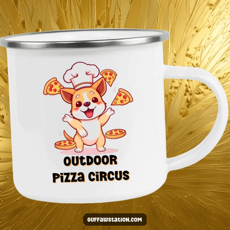 Funny dog chef juggling flying pizzas on a sturdy camping mug, perfect for outdoor adventures and a good laugh.