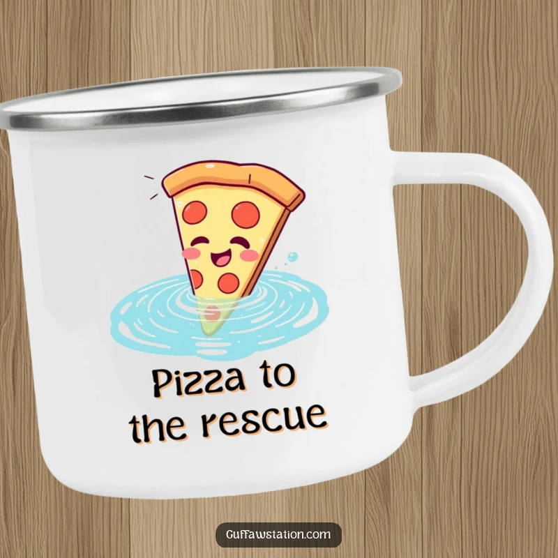 Funny pizza slice camping mug, giggling while comically falling into a swimming pool, ready for outdoor enjoyment and laughs.