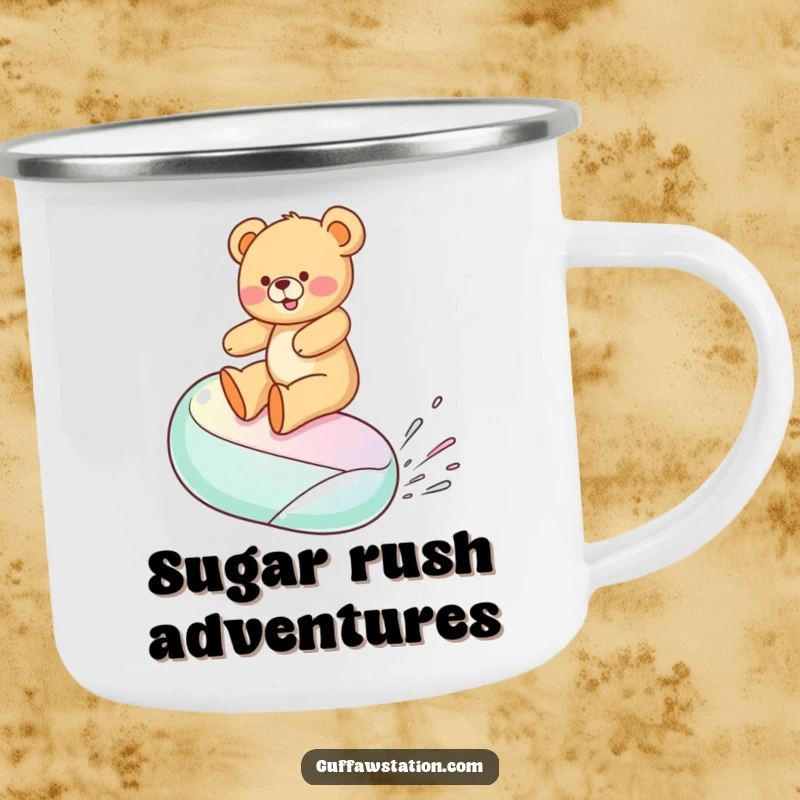 Funny camping mug with a teddy bear surfing a jelly bean, perfect for outdoor beverages and a dose of sugary fun.