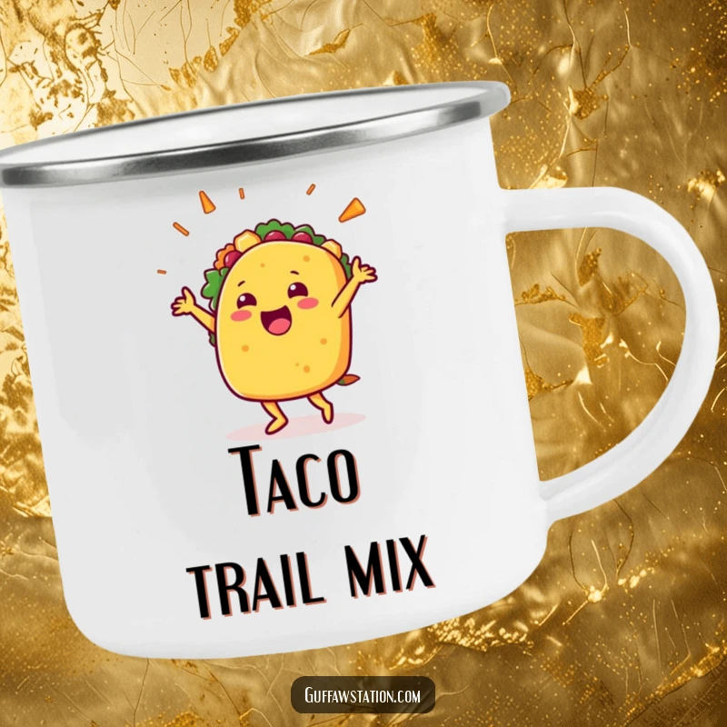 Funny camping mug featuring a happy taco character dancing with filling flying, perfect for outdoor drinks and humorous, festive moments.