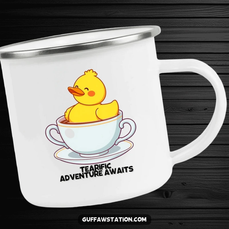 Funny rubber duck looking lost in a large teacup, a durable and humorous camping mug.