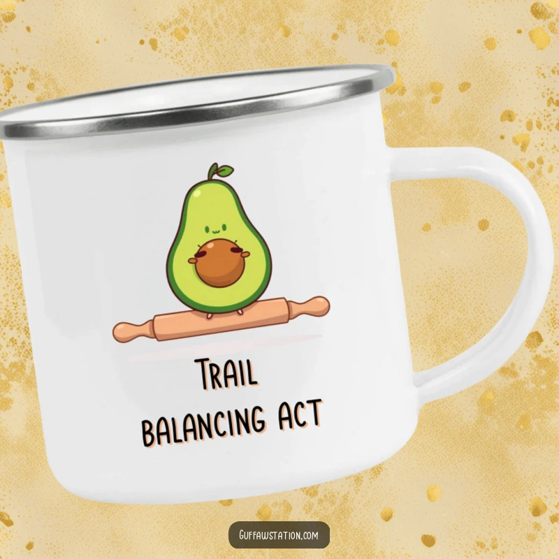 Funny avocado camping mug with a determined avocado balancing on a tiny rolling pin, for adventurous foodies.