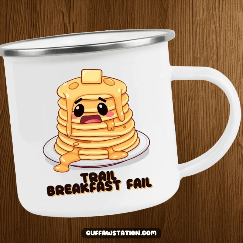 Funny startled pancakes sliding off a plate, on a durable and funny camping mug.