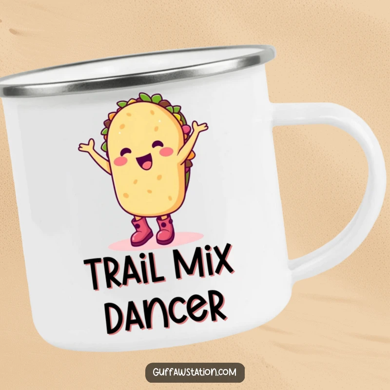 Funny camping mug with a happy taco character in boots doing a silly dance, ideal for outdoor fiestas.