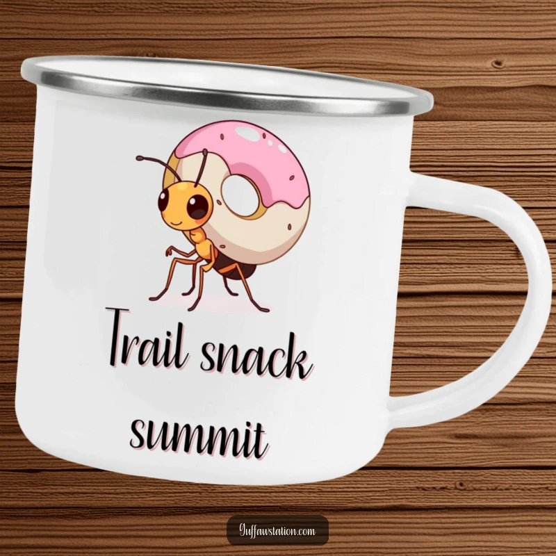 Funny camping mug featuring a small, determined ant carrying a massive donut, a symbol of strength and perseverance in nature.