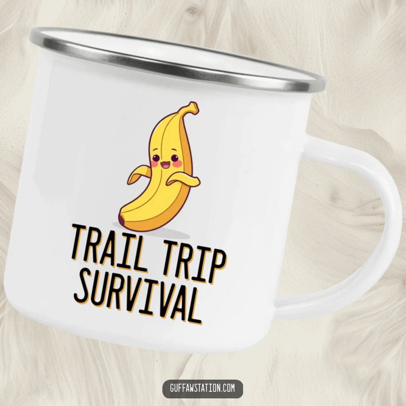 Funny camping mug with a clumsy banana peeling itself and then slipping on its own peel, ideal for humorous outdoor drinks.