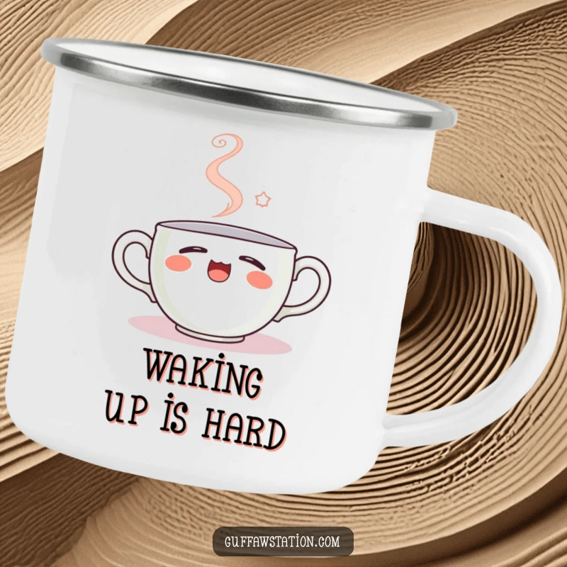 Funny camping mug showcasing a sleepy teacup yawning, steam forming a smiley face, durable and humorous for outdoor tea lovers.