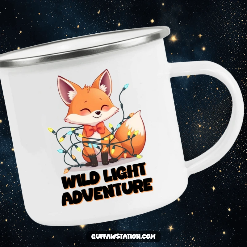 Funny camping mug featuring a fox with a bowtie comically tangled in a string of holiday lights, perfect for humorous outdoor winter adventures.
