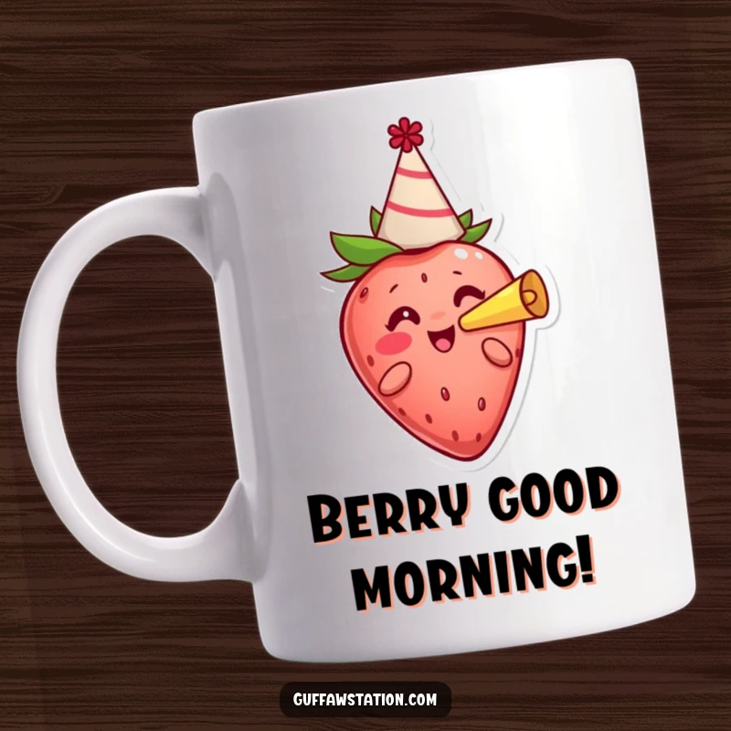 Funny cheerful strawberry wearing a party hat and blowing a horn on a celebratory ceramic mug.
