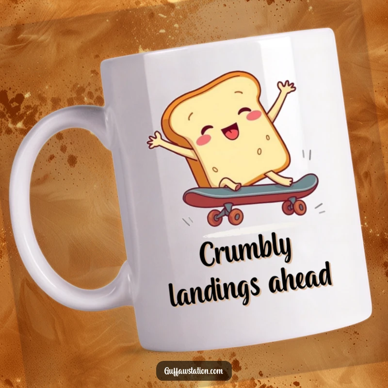 Funny mug with a cheerful bread loaf mid-fall while attempting to skateboard, showcasing a humorous cartoon mishap.