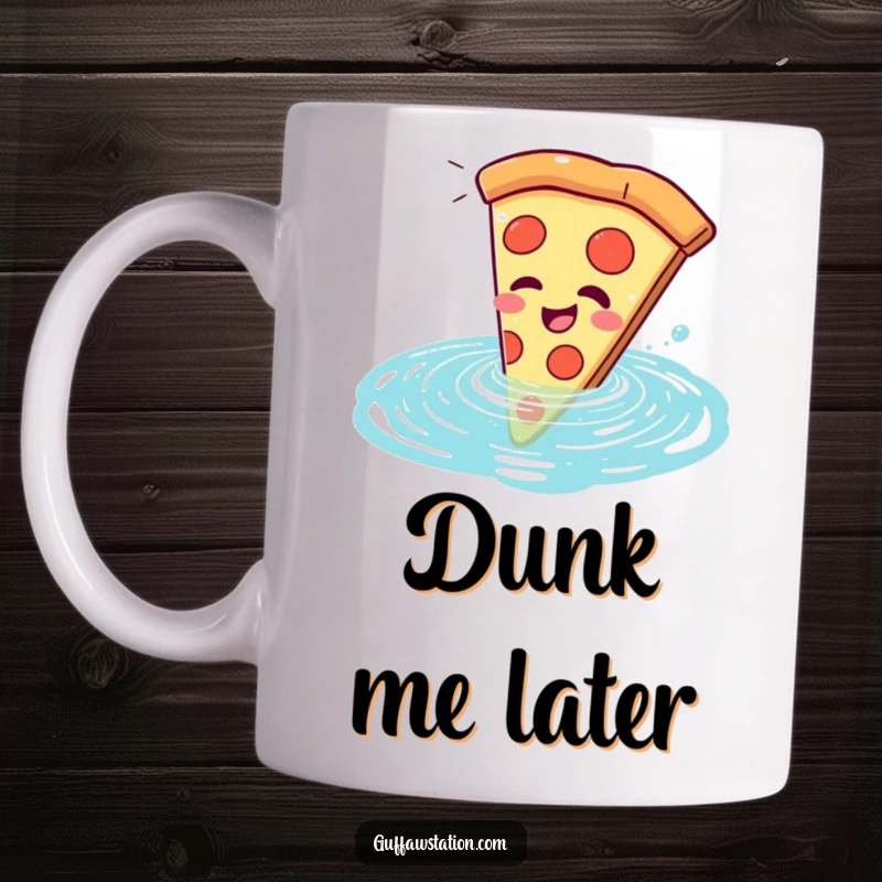 Funny pizza slice mug, comically giggling as it falls into a sparkling swimming pool, embodying pure, cheesy delight.
