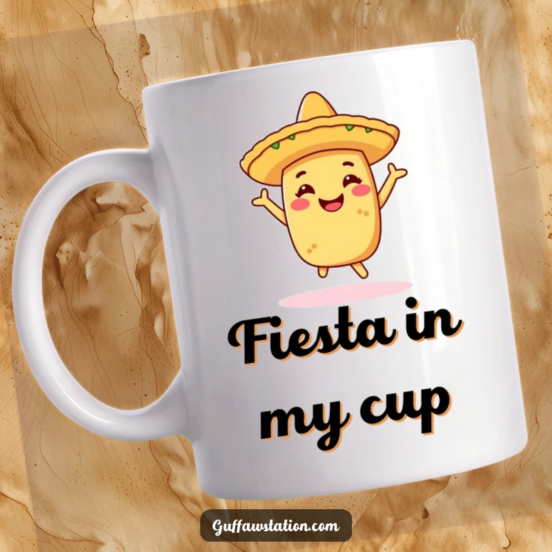 Funny mug showing a cheerful taco wearing a sombrero, joyfully doing a celebratory dance, perfect for fiestas and taco enthusiasts.