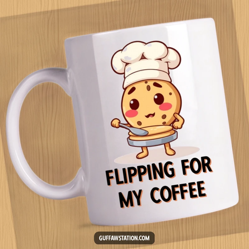 Funny cookie wearing a chef hat determinedly flipping pancakes, showcasing culinary skill and humor.