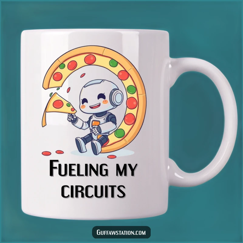Funny Robot Pizza Mug: Small Bot's Hilarious Giant Feast Adventure