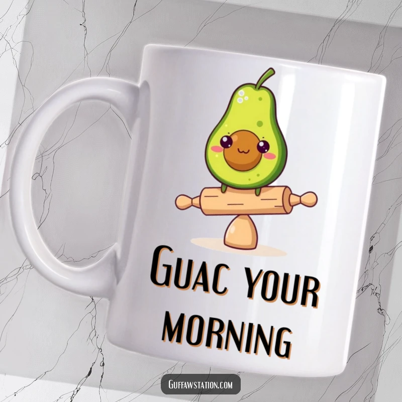 Funny determined avocado character struggling to balance on a minuscule rolling pin on a mug, conveying effort and humor.