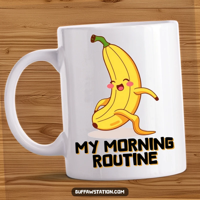 Funny mug featuring a giggling banana comically slipping on a banana peel with wild, exaggerated motions and a shocked expression.