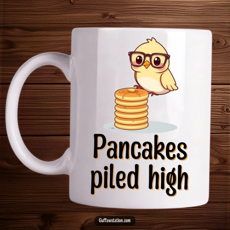 Funny bird wearing glasses attempting to balance a tall stack of pancakes on a coffee mug, symbolizing breakfast knowledge.