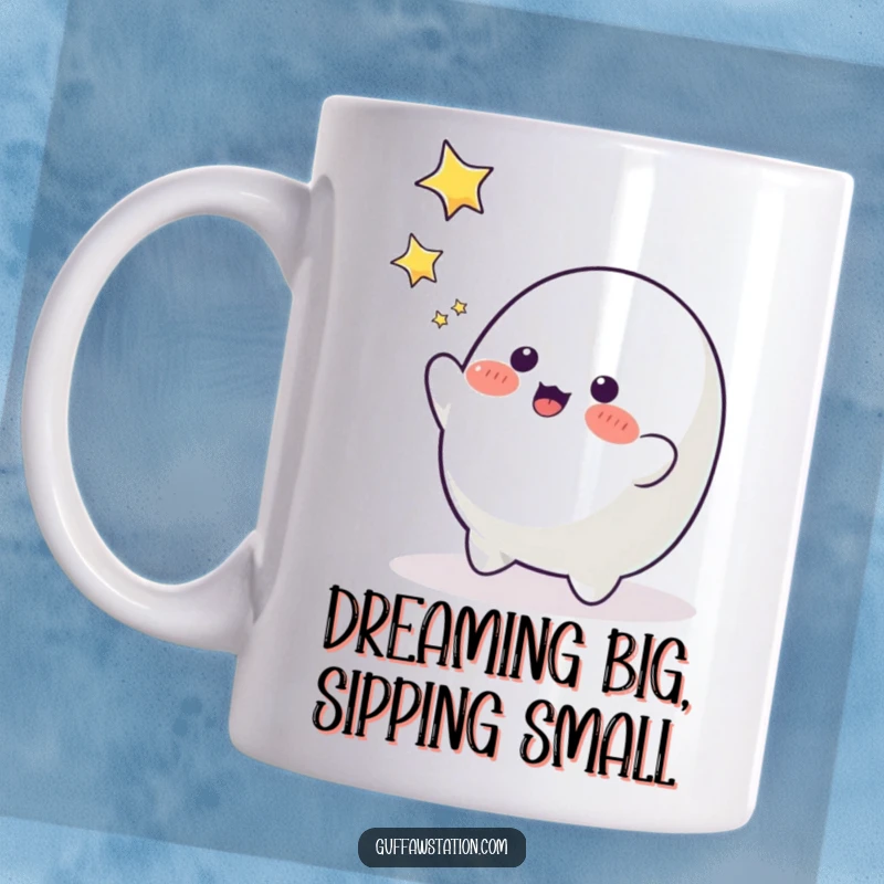 Funny playful blob character stretching to catch falling stars against a starry sky.