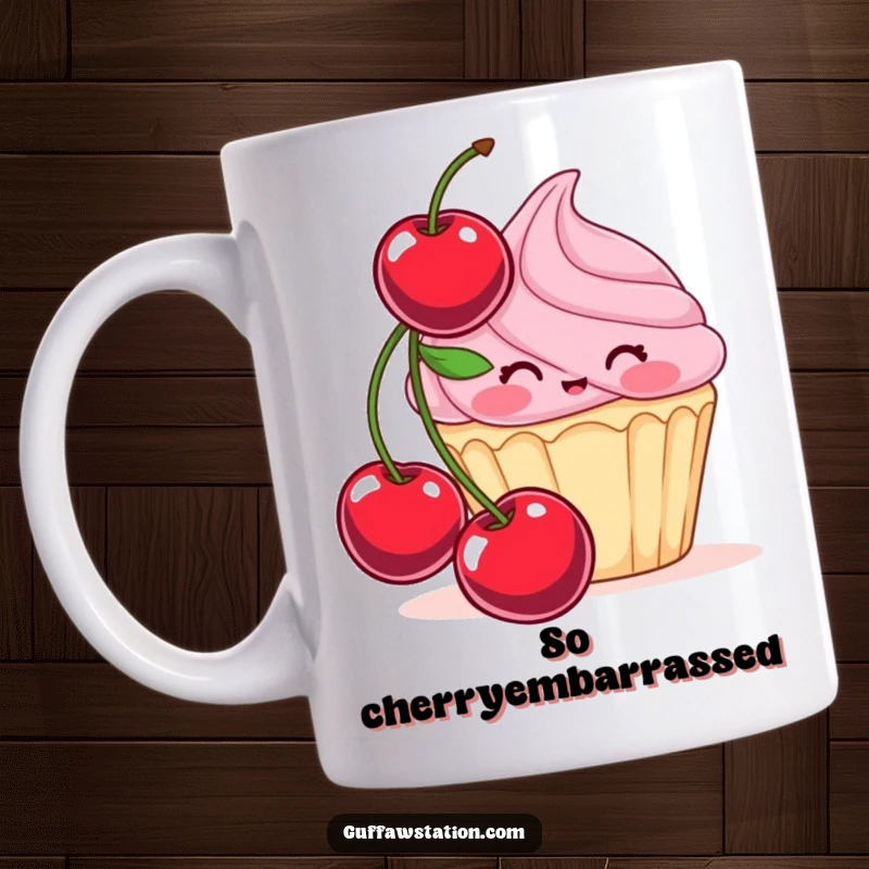 Funny mug featuring a shy, blushing cupcake attempting to hide behind a comically large cherry, a sweet and humorous design.