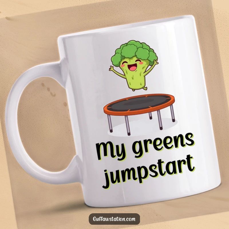 Funny mug featuring a giggling broccoli launching itself from a trampoline into the air with excitement.