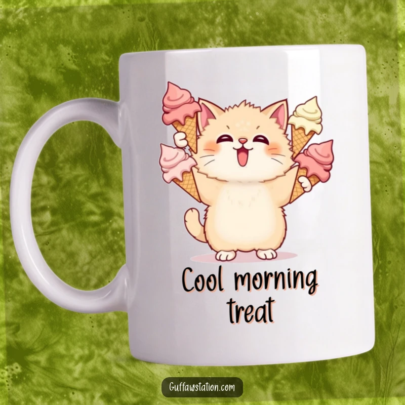 Funny Cat Ice Cream Mug shows a surprised cat triumphantly juggling three melting ice cream cones in a comical way.
