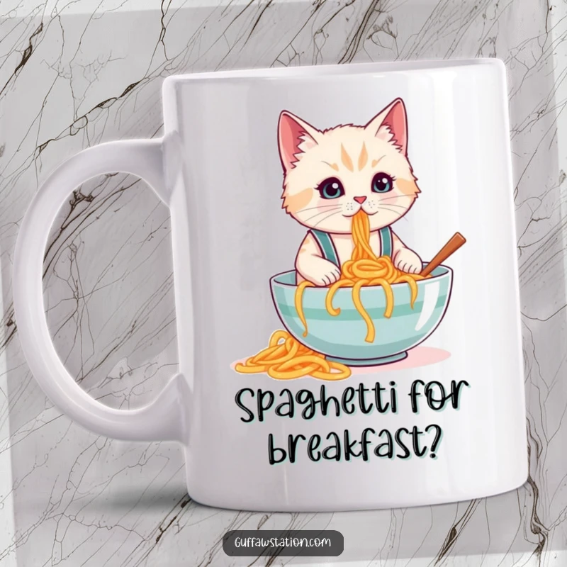Funny mug showing a cat in tiny suspenders spilling a huge bowl of spaghetti, capturing a moment of adorable kitchen chaos.