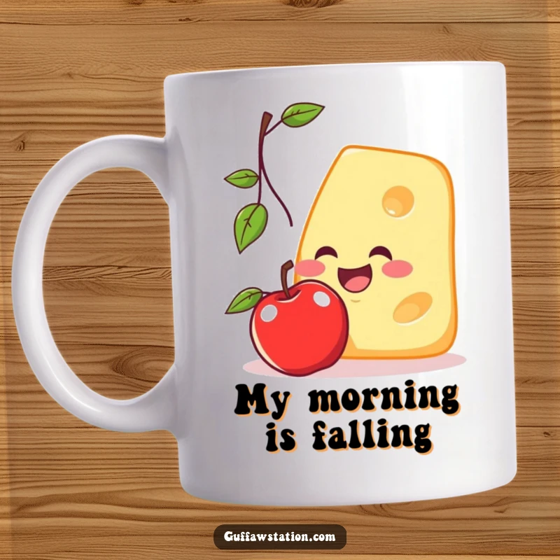Funny mug featuring a smiling cheese slice attempting to catch a falling apple with a look of pure determination and silliness.