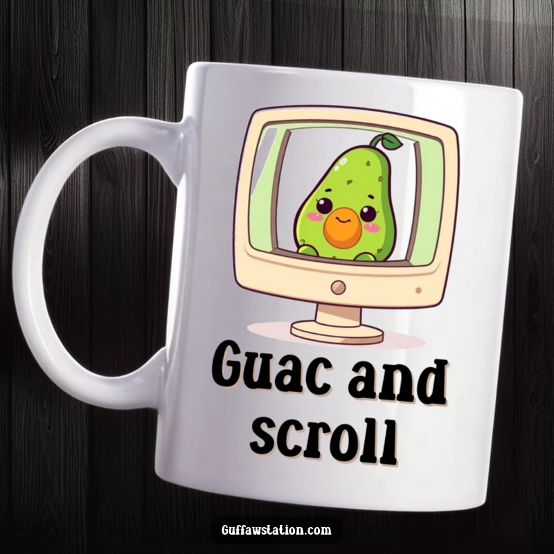 Funny mug featuring a curious avocado peeking from a giant computer screen, blending tech and food humor.