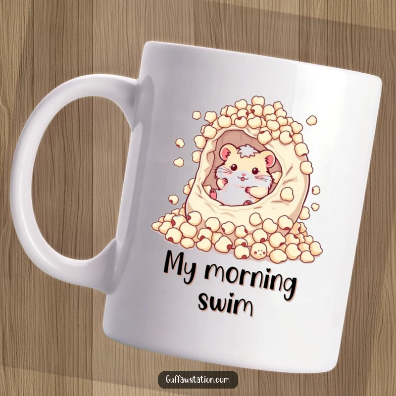 Funny hamster happily rolling in a huge, overflowing bowl of cereal on a coffee mug, symbolizing breakfast joy.