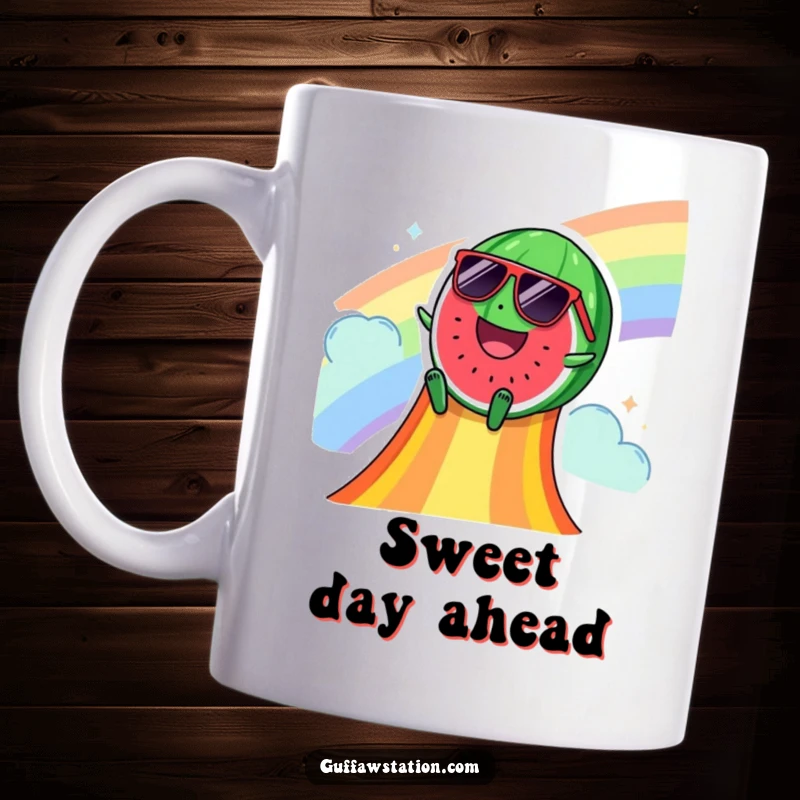 Funny mug with a happy watermelon in sunglasses sliding down a vibrant rainbow slide, embodying pure summer joy and cool vibes.