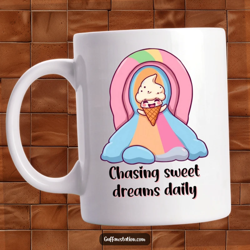 Funny ice cream cone mug hilariously sliding down a vibrant rainbow chute, capturing pure joy and sweet amusement.