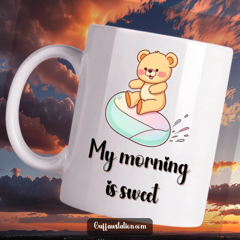 Funny mug shows a giggling teddy bear joyfully surfing a large, wobbly jelly bean, embodying pure, unadulterated fun.