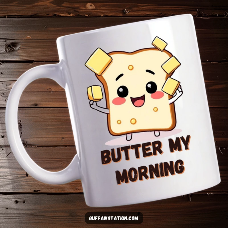 Funny happy toast mug, concentrating hard while juggling butter pats, conveying breakfast absurdity.