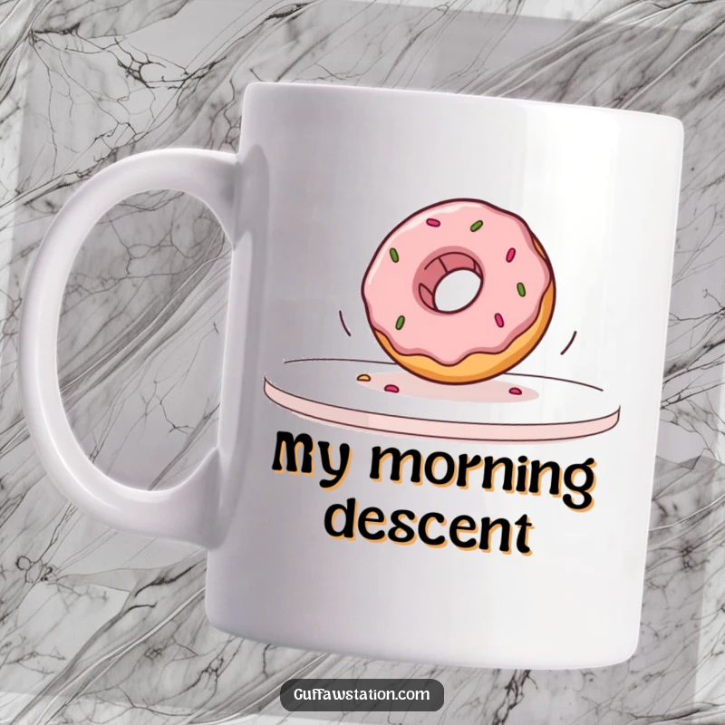 Funny donut rolling off a table in slow motion, captured in a moment of comical disaster, perfect for coffee enthusiasts.