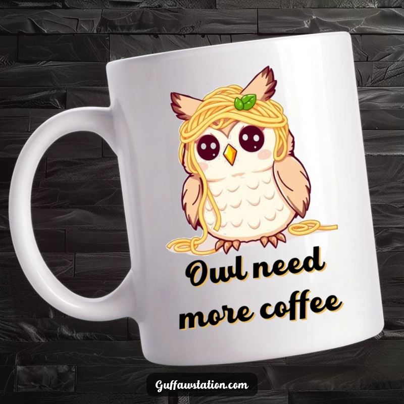 Funny mug showing a cute owl covered in spaghetti, looking bewildered but happy, perfect for pasta lovers and owl enthusiasts.