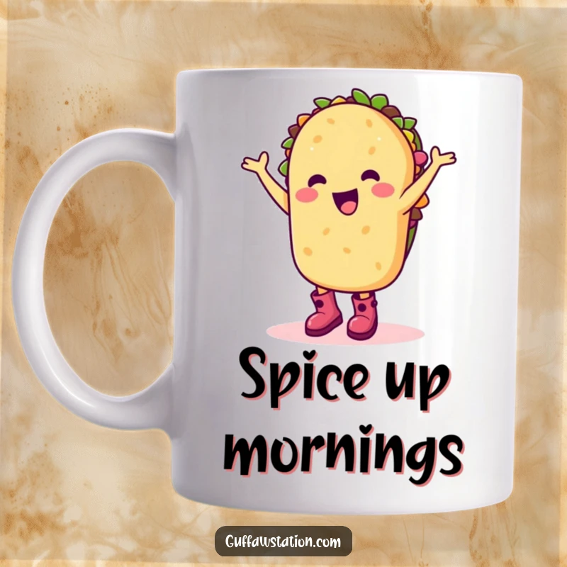 Funny mug with a happy taco character in boots doing a silly dance, perfect for taco Tuesdays and celebrations.