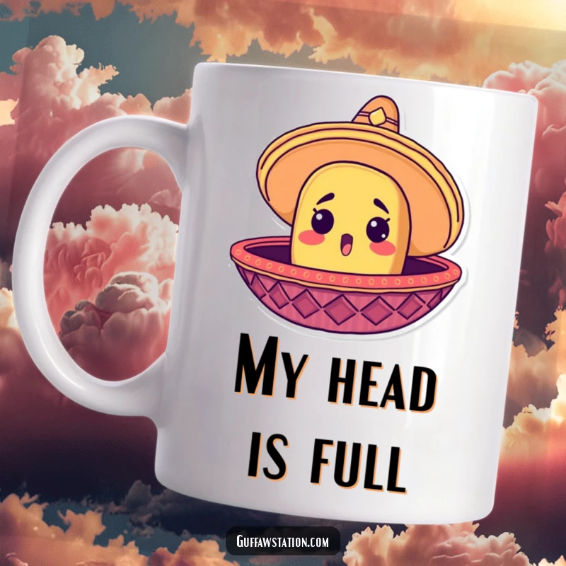 Funny mug showing a surprised taco head peeking out from under a large, colorful sombrero.