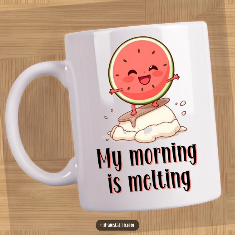 Funny mug featuring a giggling watermelon slice character joyfully surfing on a melting ice cream scoop, embodying summer fun.
