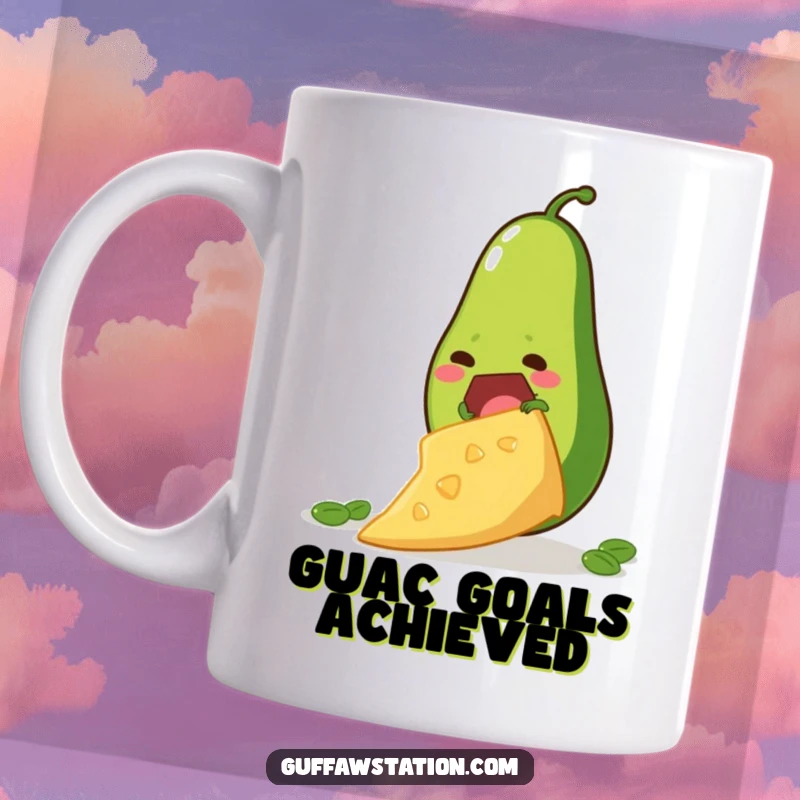 Funny mug showing a determined avocado climbing a giant tortilla chip, representing ambition and foodie humor.