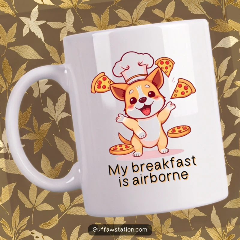 Funny dog in a chef hat struggling to juggle three flying pizzas on a coffee mug, capturing chaotic culinary humor.