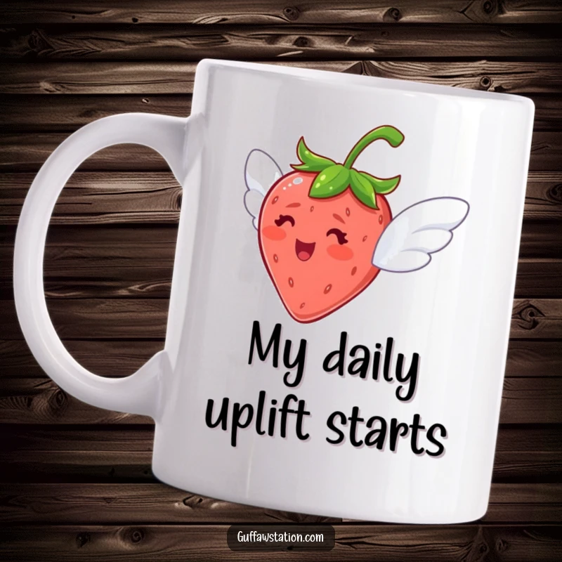 Funny mug showing a delighted strawberry with small wings, attempting to fly joyfully.