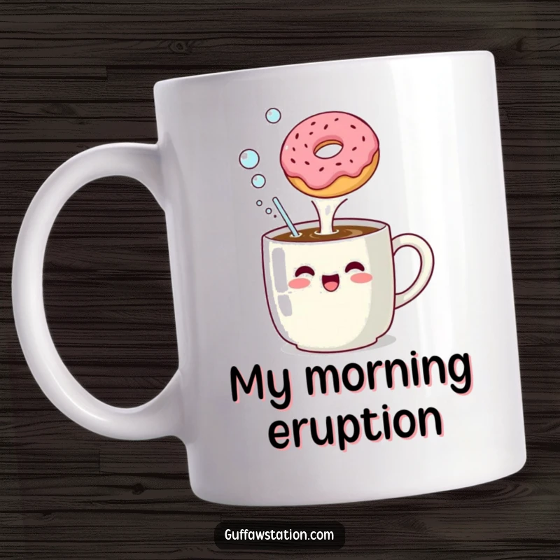 Funny mug showing a coffee mug enthusiastically belching bubbles at a floating donut with a surprised expression.